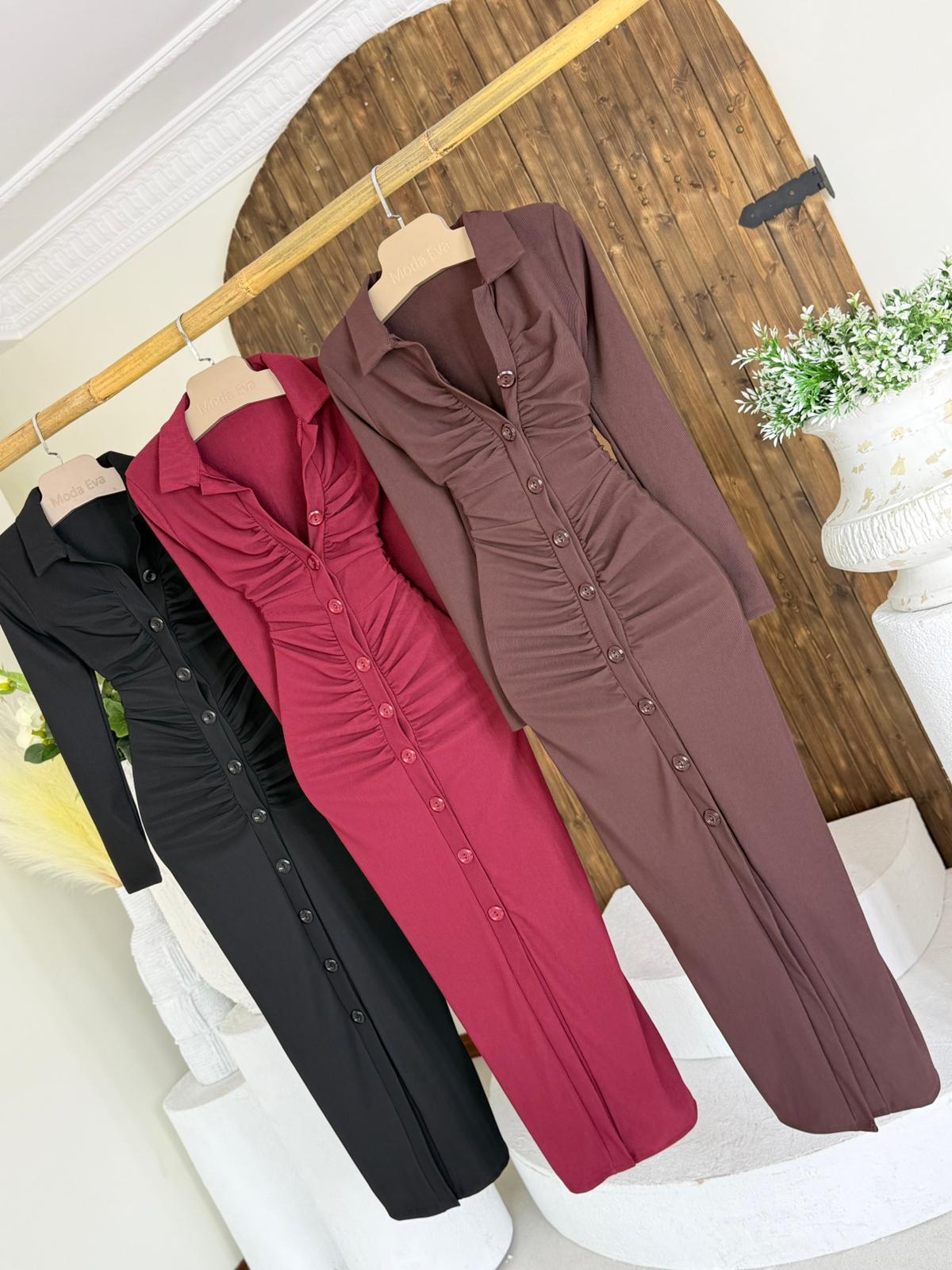 Toparlayıcı Ottoman Kumaş Gömlek Drapeli Uzun Elbise Siyah