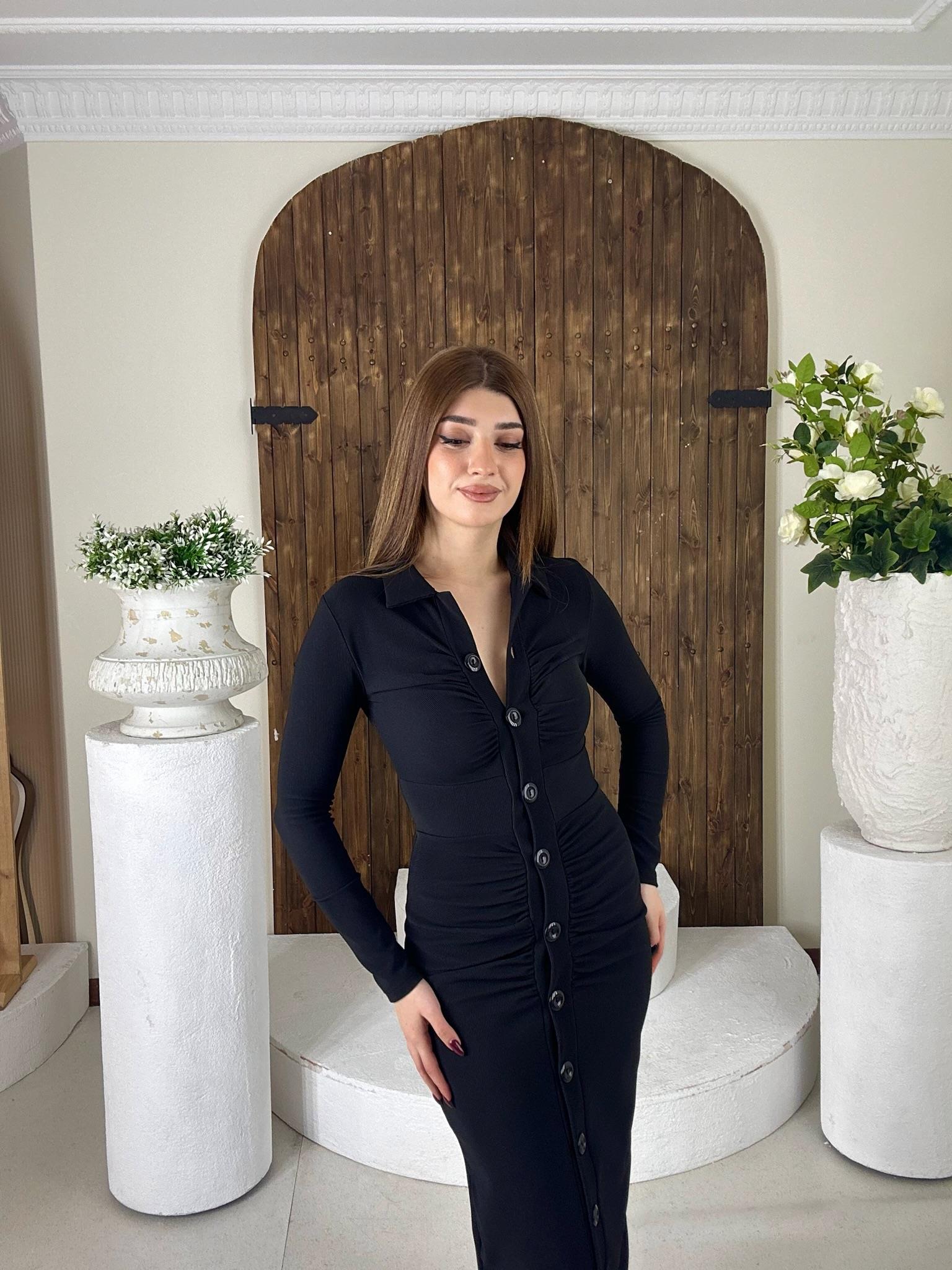 Toparlayıcı Ottoman Kumaş Gömlek Drapeli Uzun Elbise Siyah