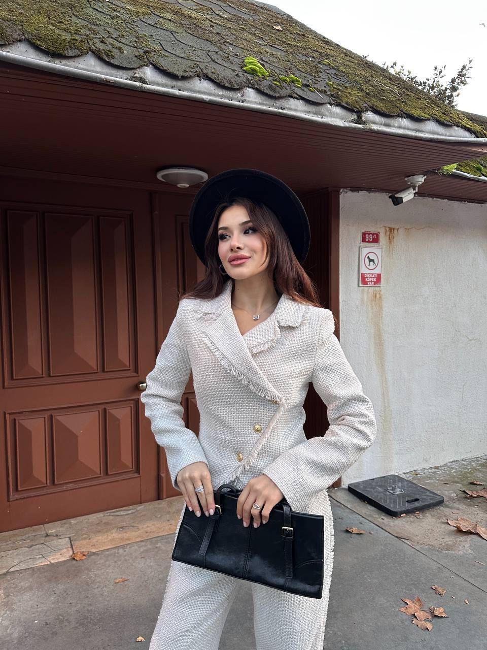 Tüvit Kumaş Ceket Pantolon İkili Takım Krem