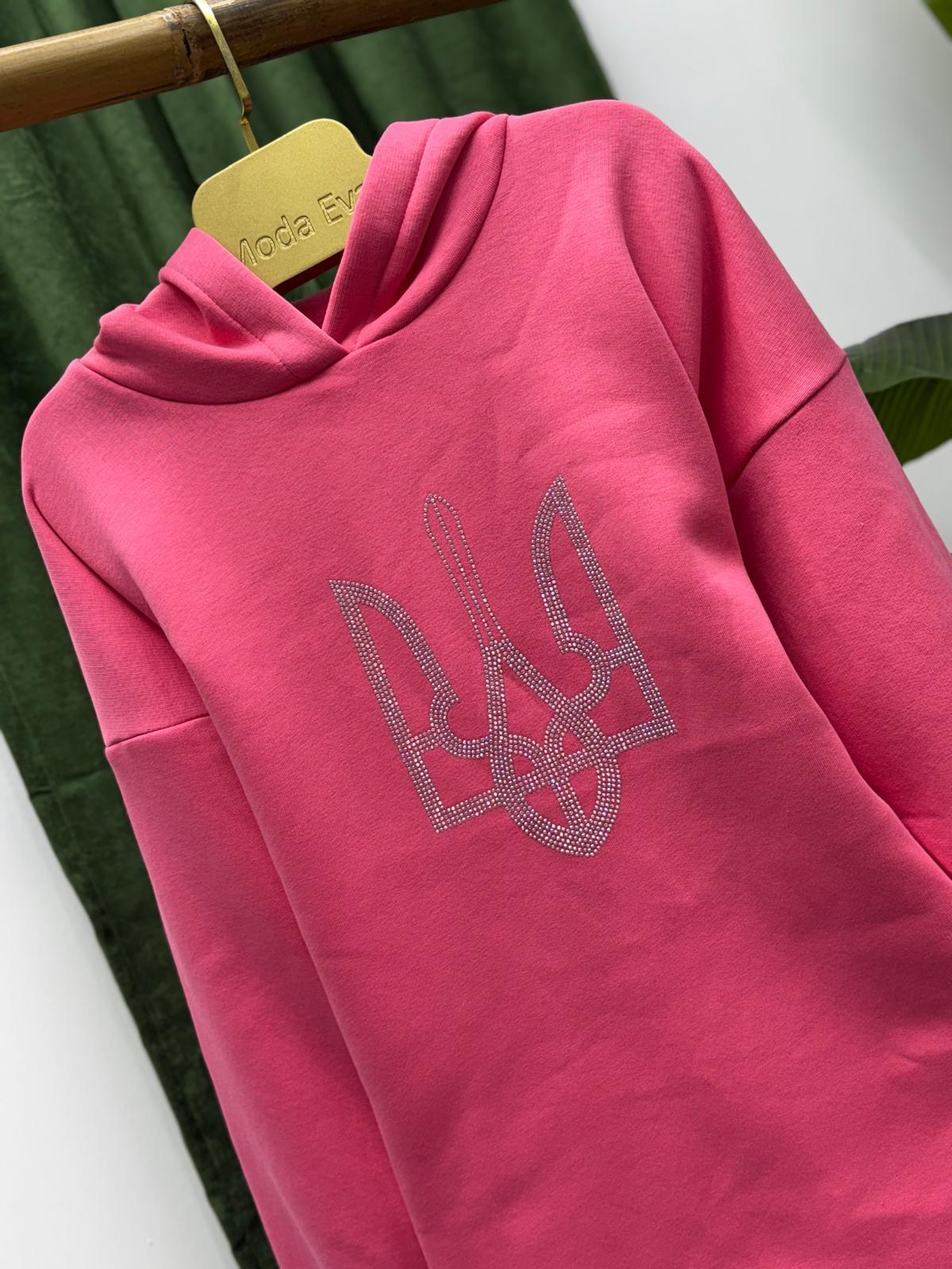 Üç İplik İçi Polar Ön Taş Dizayn Kapişonlu Uzun Sweatshirt Pembe