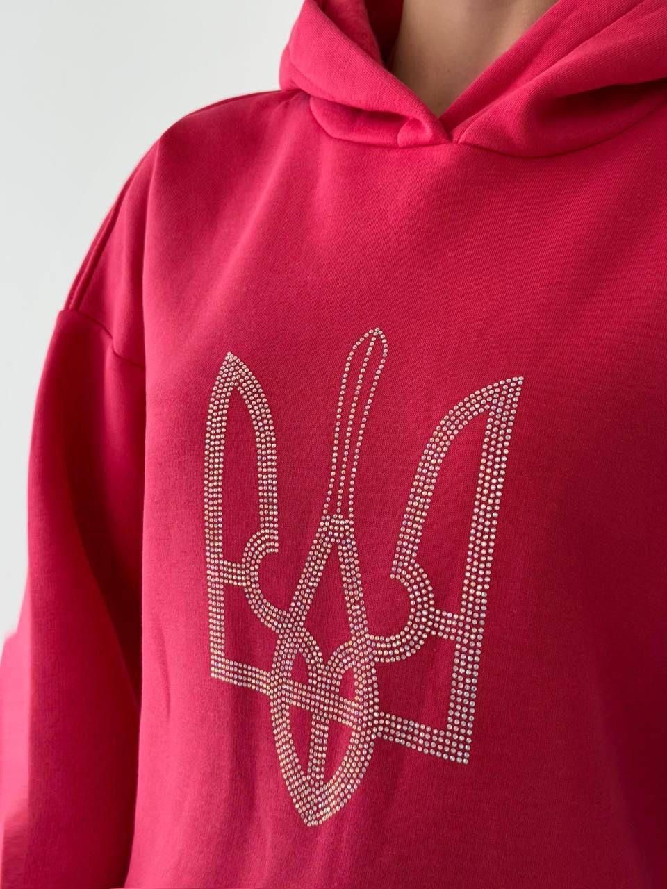 Üç İplik İçi Polar Ön Taş Dizayn Kapişonlu Uzun Sweatshirt Pembe