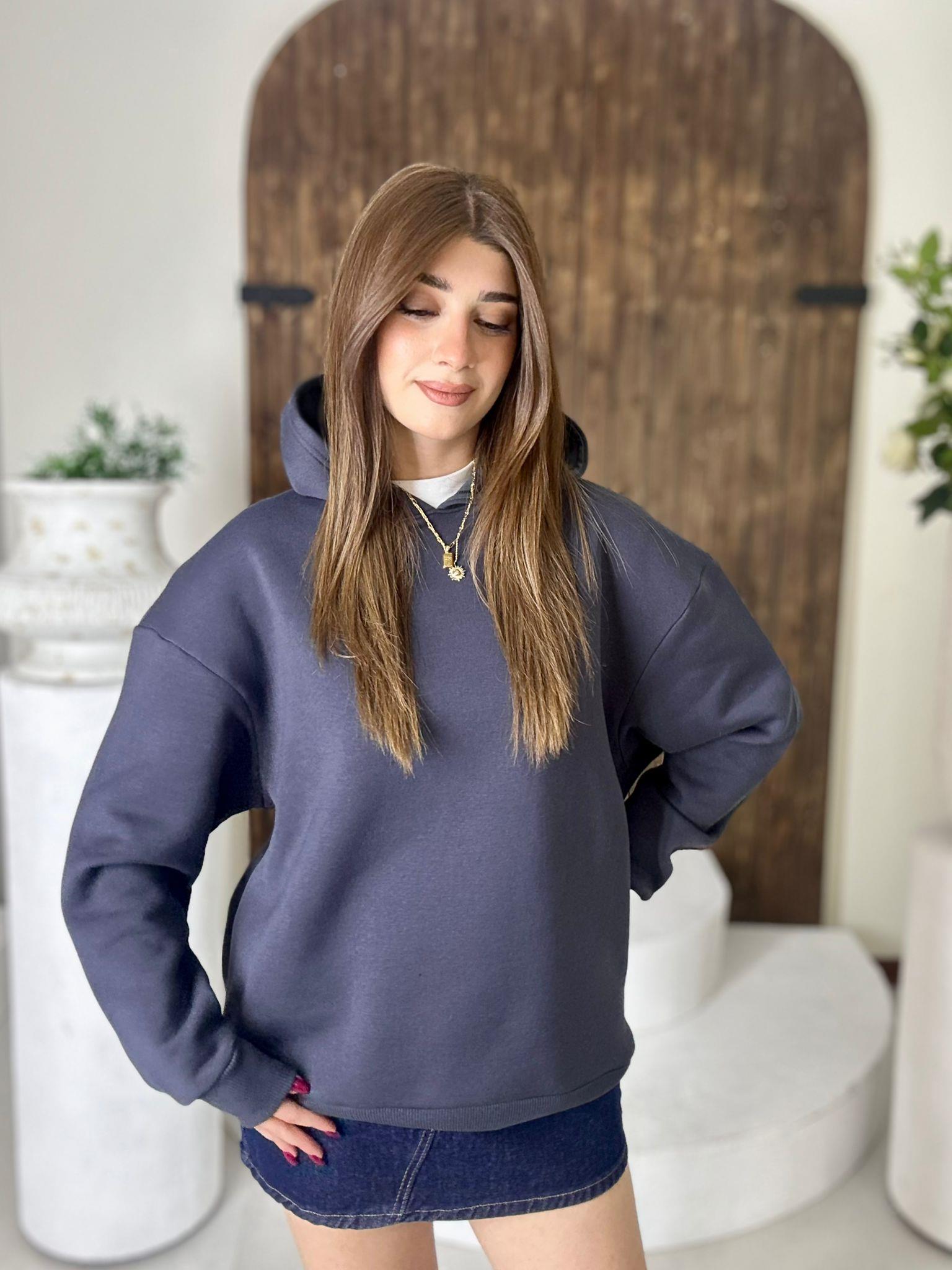 Üç İplik Şardonlu Özel Üretim Kapüşonlu Sweat Antrasit