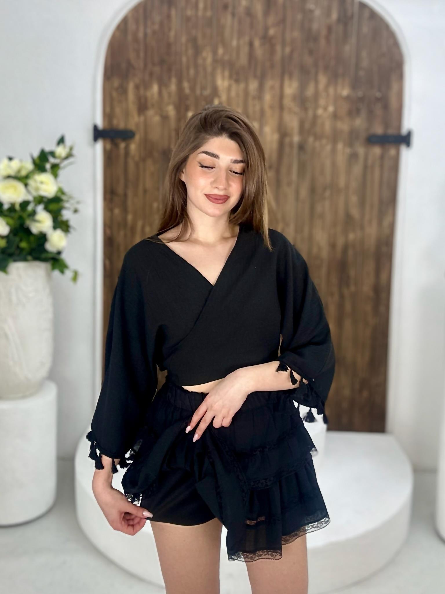 Vual Kumaş Kat Etekli Beli Lastikli Şort Astarlı Etek Siyah