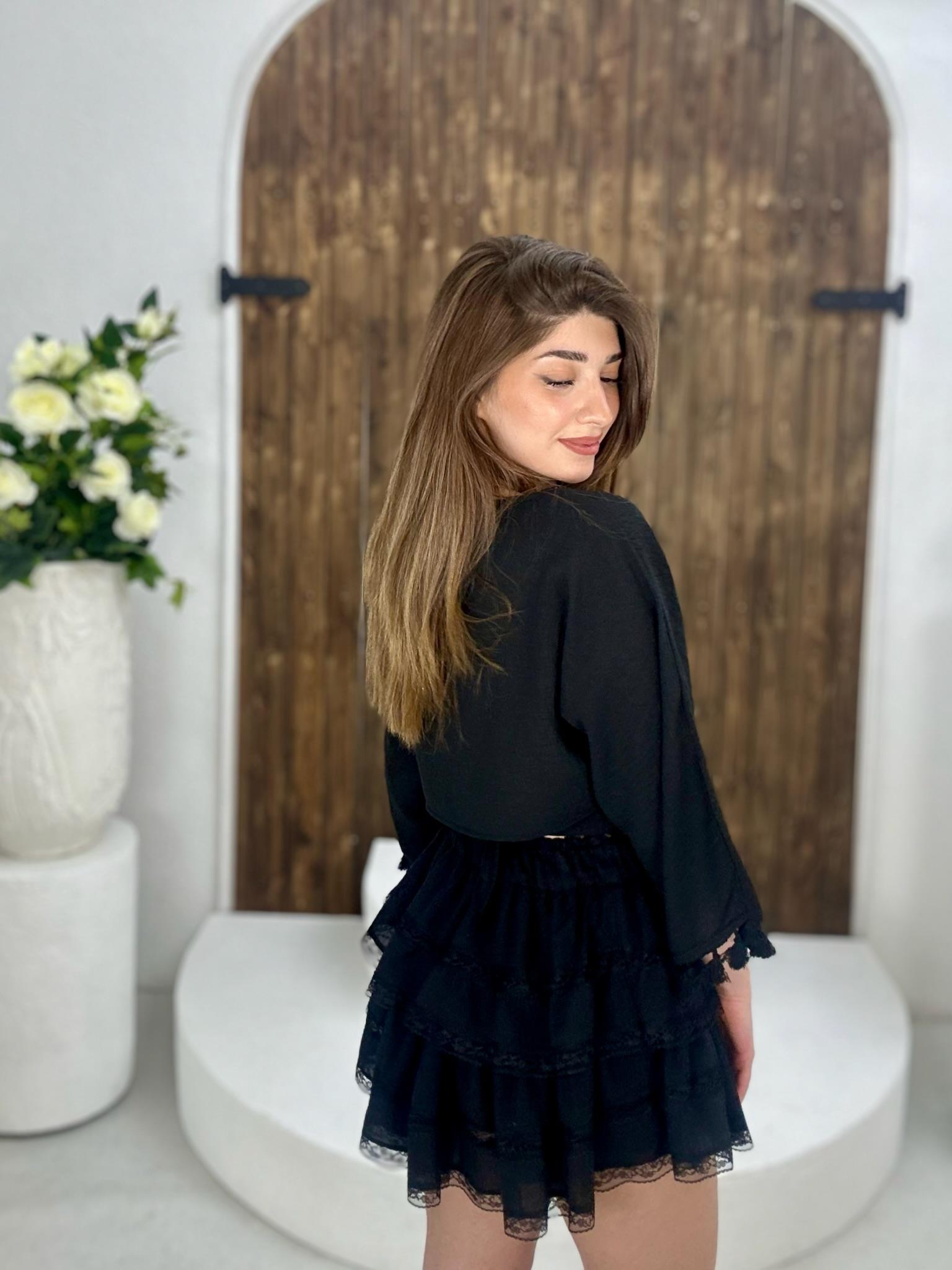 Vual Kumaş Kat Etekli Beli Lastikli Şort Astarlı Etek Siyah