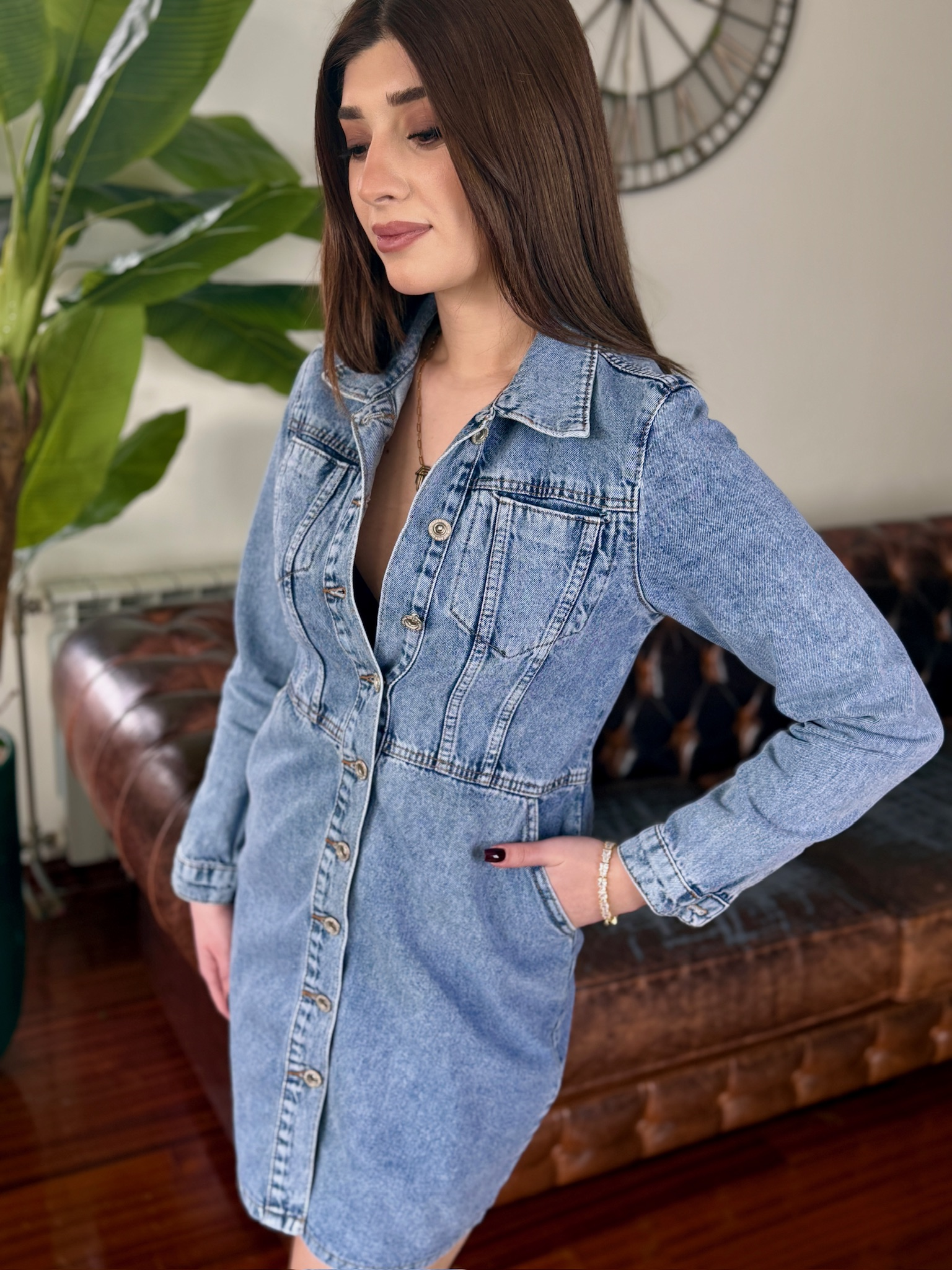 Yıkamalı Jean Kumaş Düğmeli Elbise 