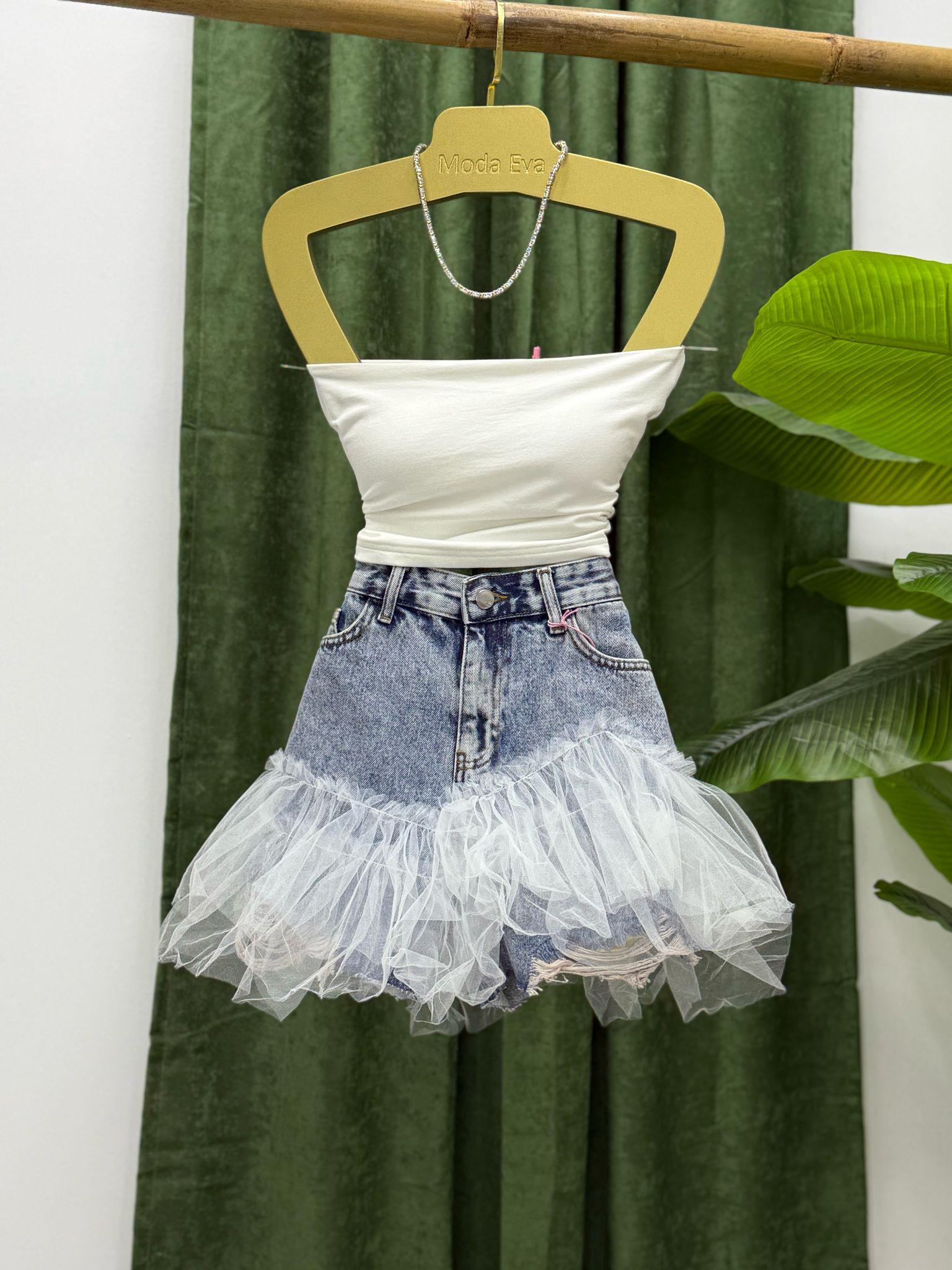 Yıkamalı Jean Kumaş Tül Detaylı Şort Etek 