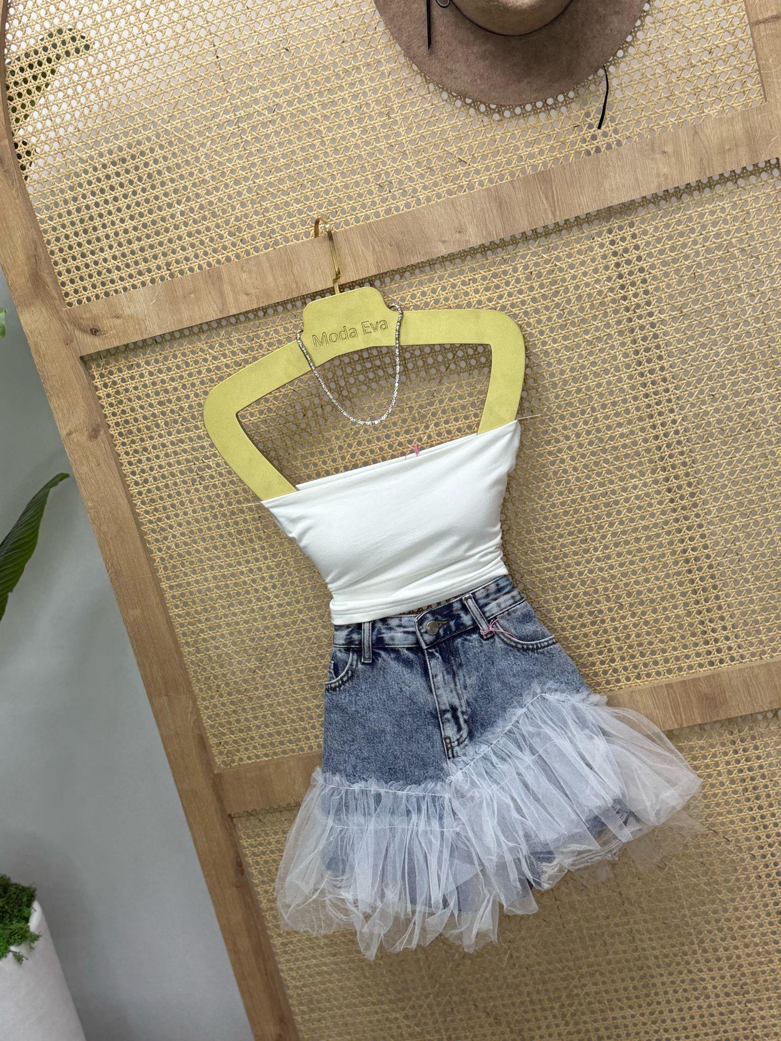 Yıkamalı Jean Kumaş Tül Detaylı Şort Etek 