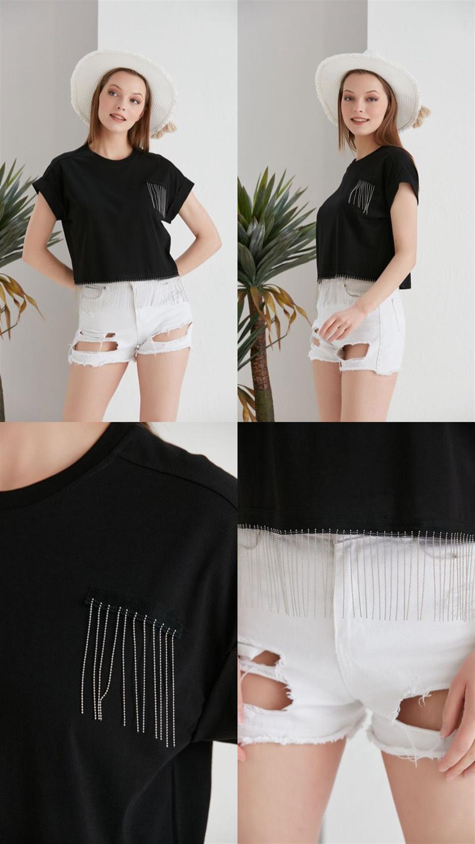 Zincir Detaylı Tasarım Siyah Tshirt