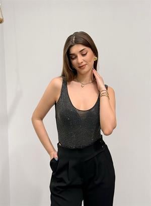  Full Taşlı Kolsuz Çıtçıtlı Tasarım Bodysuit