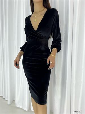  Kadife Kumaş Kruvaze Yaka Balon Kol Kalem Elbisemiz Siyah