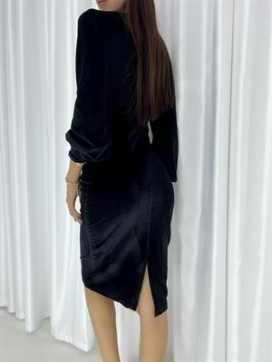  Kadife Kumaş Kruvaze Yaka Balon Kol Kalem Elbisemiz Siyah