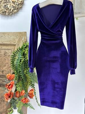  Kadife Kumaş Kruvaze Yaka Balon Kol Kalem Elbisemiz Mor