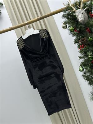  Kadife Kumaş Kruvaze Yaka Balon Kol Kalem Elbisemiz Siyah