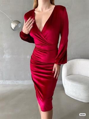  Kadife Kumaş Kruvaze Yaka Balon Kol Kalem Elbisemiz Bordo