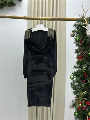  Kadife Kumaş Kruvaze Yaka Balon Kol Kalem Elbisemiz Siyah