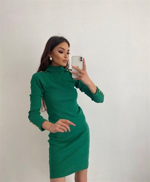  Kaşkorse Kumaş Omuz ve Kol Gold Düğme Detaylı Balıkçı Yaka Elbise