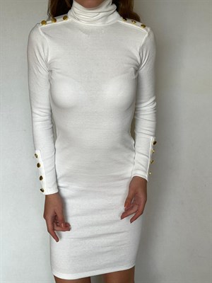  Kaşkorse Kumaş Omuz ve Kol Gold Düğme Detaylı Balıkçı Yaka Elbise