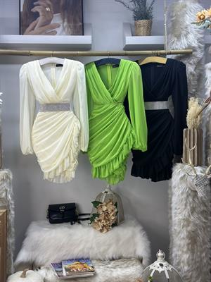  Kruvaze Yaka Zarf Etekli Balon Kol Drapeli Tasarım Elbisemiz