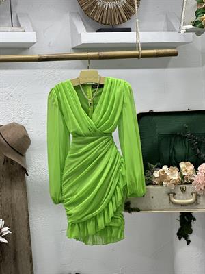  Kruvaze Yaka Zarf Etekli Balon Kol Drapeli Tasarım Elbisemiz