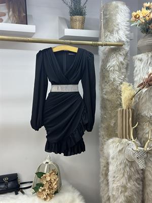  Kruvaze Yaka Zarf Etekli Balon Kol Drapeli Tasarım Elbisemiz