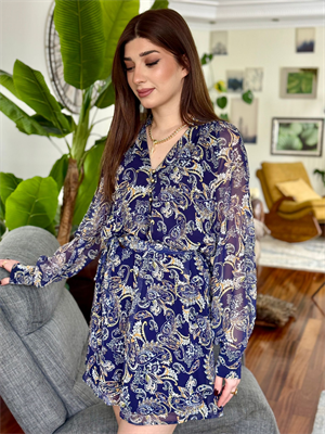  Şifon Kumaş Kemerli Gold Düğme Detaylı Şal Desen Elbise