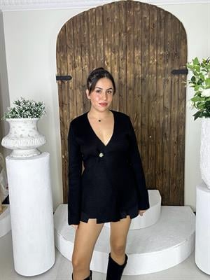  Tek Düğme Detaylı Triko Siyah Hırka