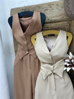 Aerobin Kumaş Palazzo Pantolon Cepken Yelek İkili Takım