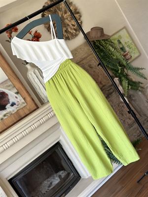 Ağaç Kabuğu Kumaş Beli Yüksek Bel Lastikli Rahat Kesim Pantolon 