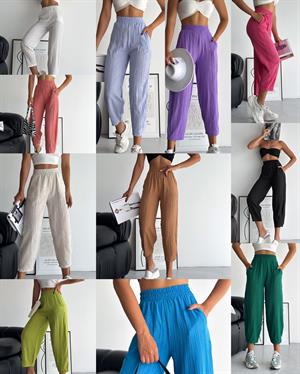 Ağaç Kabuğu Kumaş Beli Yüksek Bel Lastikli Rahat Kesim Pantolon 