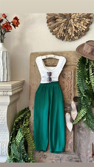 Ağaç Kabuğu Kumaş Beli Yüksek Bel Lastikli Rahat Kesim Pantolon 