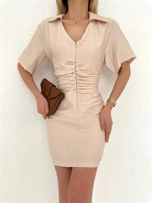 Agaç Kabuğu Kumaş Büzgü Dikişli Fermuar Detay Elbise