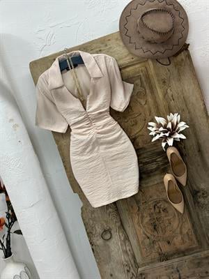 Agaç Kabuğu Kumaş Büzgü Dikişli Fermuar Detay Elbise