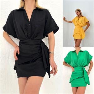 Ağaç Kabuğu Kumaş Gömlek Yaka Bağlama Detaylı Yeşil Elbisemiz