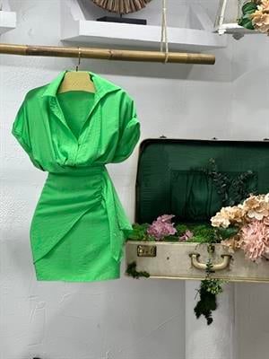 Ağaç Kabuğu Kumaş Gömlek Yaka Bağlama Detaylı Yeşil Elbisemiz