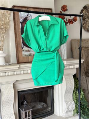 Ağaç Kabuğu Kumaş Gömlek Yaka Bağlama Detaylı Beyaz Elbise