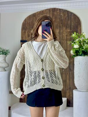 Ajur Desenli Rahat Kalıp Triko Hırka Bej