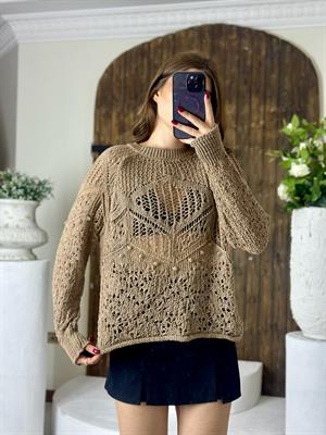 Ajur Desenli Rahat Kalıp Triko Vizon  Kazak