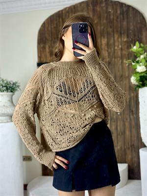 Ajur Desenli Rahat Kalıp Triko Vizon  Kazak