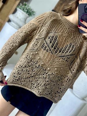 Ajur Desenli Rahat Kalıp Triko Vizon  Kazak