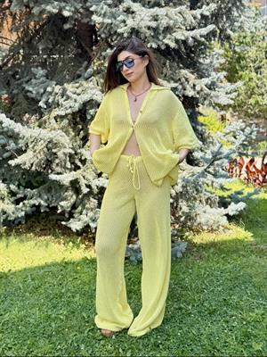 Ajur Triko Gömlek Pantolon İkili Takım Sarı