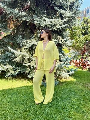 Ajur Triko Gömlek Pantolon İkili Takım Sarı