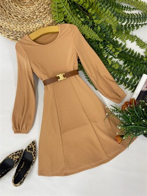 akarlı Kumaş Yuvarlak Yaka Kloş Elbise Kemer Hariçtir