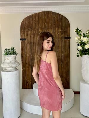 Akordiyon Kumaş Tek Omuz Askılı Elbise Gül Kurusu