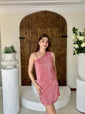 Akordiyon Kumaş Tek Omuz Askılı Elbise Gül Kurusu