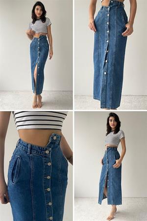 Asimetrik Bel Detaylı Önü Metal Düğmeli Midi Boy Jean Etek 