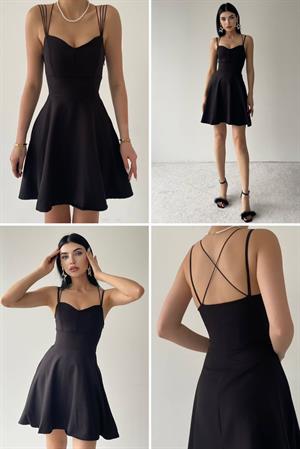 Askı Detaylı Sırt Çapraz Renkli Kloş Atlas Elbise 