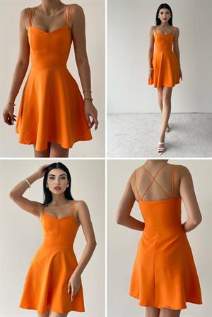 Askı Detaylı Sırt Çapraz Renkli Kloş Atlas Elbise 