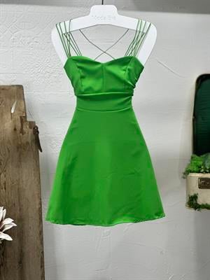 Askı Detaylı Sırt Çapraz Renkli Kloş Atlas Elbise 