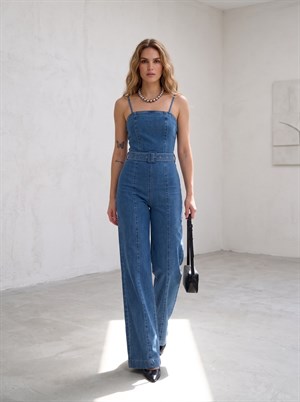 Askılı Kemerli Likralı Jean Tulum Lacivert