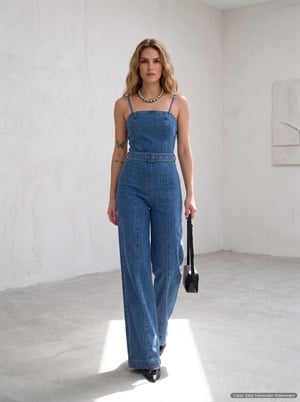 Askılı Kemerli Likralı Jean Tulum Lacivert